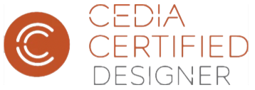 Round emblem next to text indicating professional industry design certification